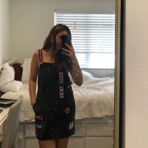 Denim overalls with patches